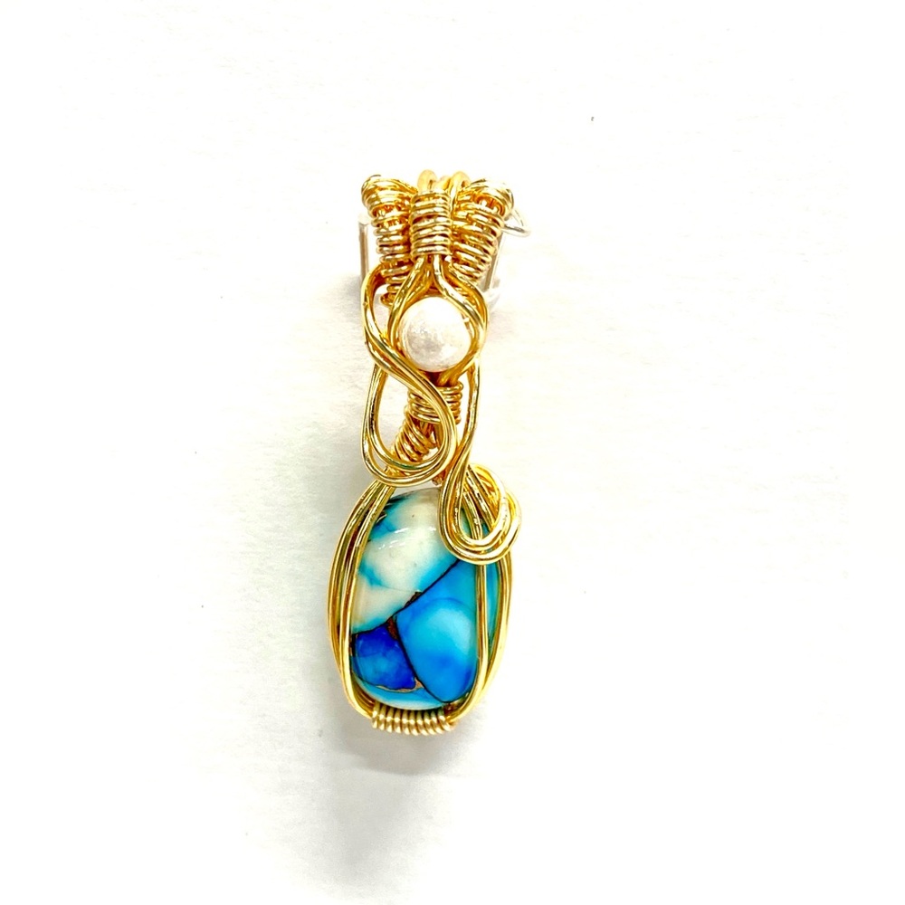 HANDMADE Kingman Blue Dahlia Hand Wrapped Gold Plate Mini Pendant, Gift for Her